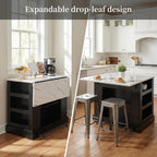 FUSUNBAO Large Kitchen Island with Storage, Drop Leaf & Outlet,Black | Power Outlet,Drawer, Adjustable Shelves, Side Open Compartments, Drop Leaf, Footrest