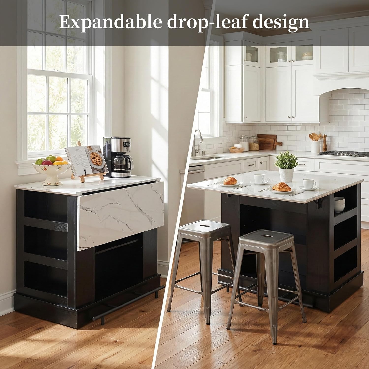 FUSUNBAO Large Kitchen Island with Storage, Drop Leaf & Outlet,Black | Power Outlet,Drawer, Adjustable Shelves, Side Open Compartments, Drop Leaf, Footrest