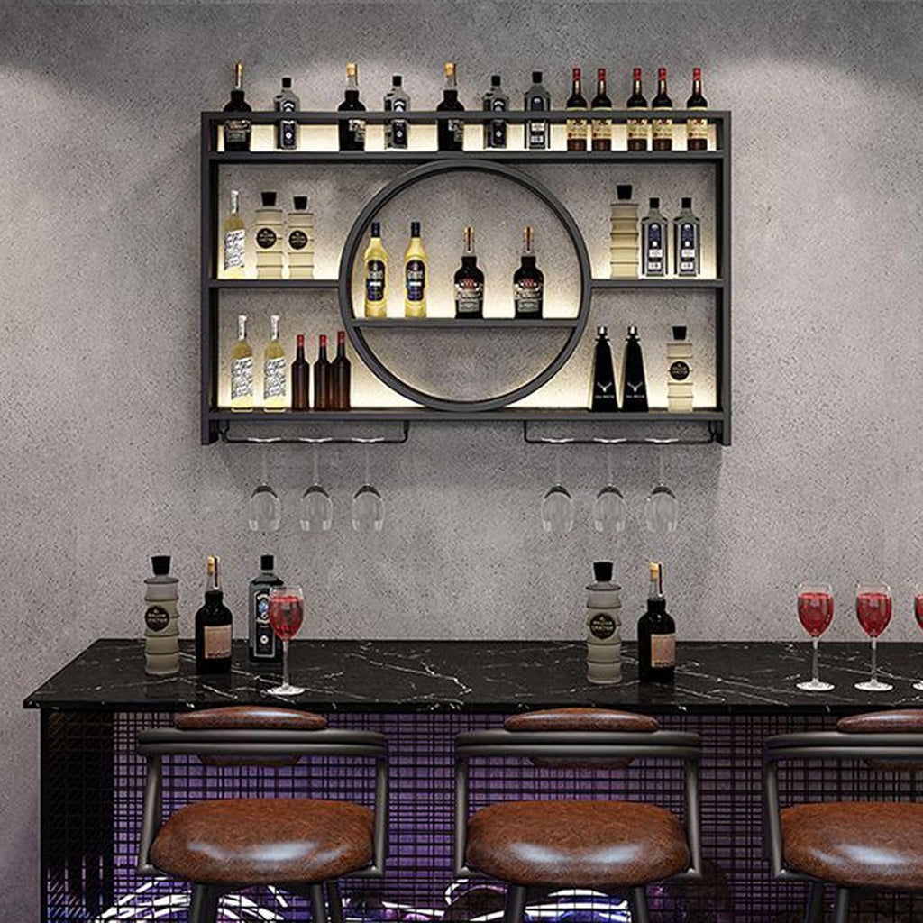 Metal Wine Rack Wall Mounted with LED Light, 3-Tier Bar Liquor Shelf with Wine Glass Holder, Modern Large Capacity Liquor Bottle Display Storage Shelf for Home Bar, Dining Room (Black, 100*80*15)