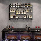Metal Wine Rack Wall Mounted with LED Light, 3-Tier Bar Liquor Shelf with Wine Glass Holder, Modern Large Capacity Liquor Bottle Display Storage Shelf for Home Bar, Dining Room (Black, 100*80*15)