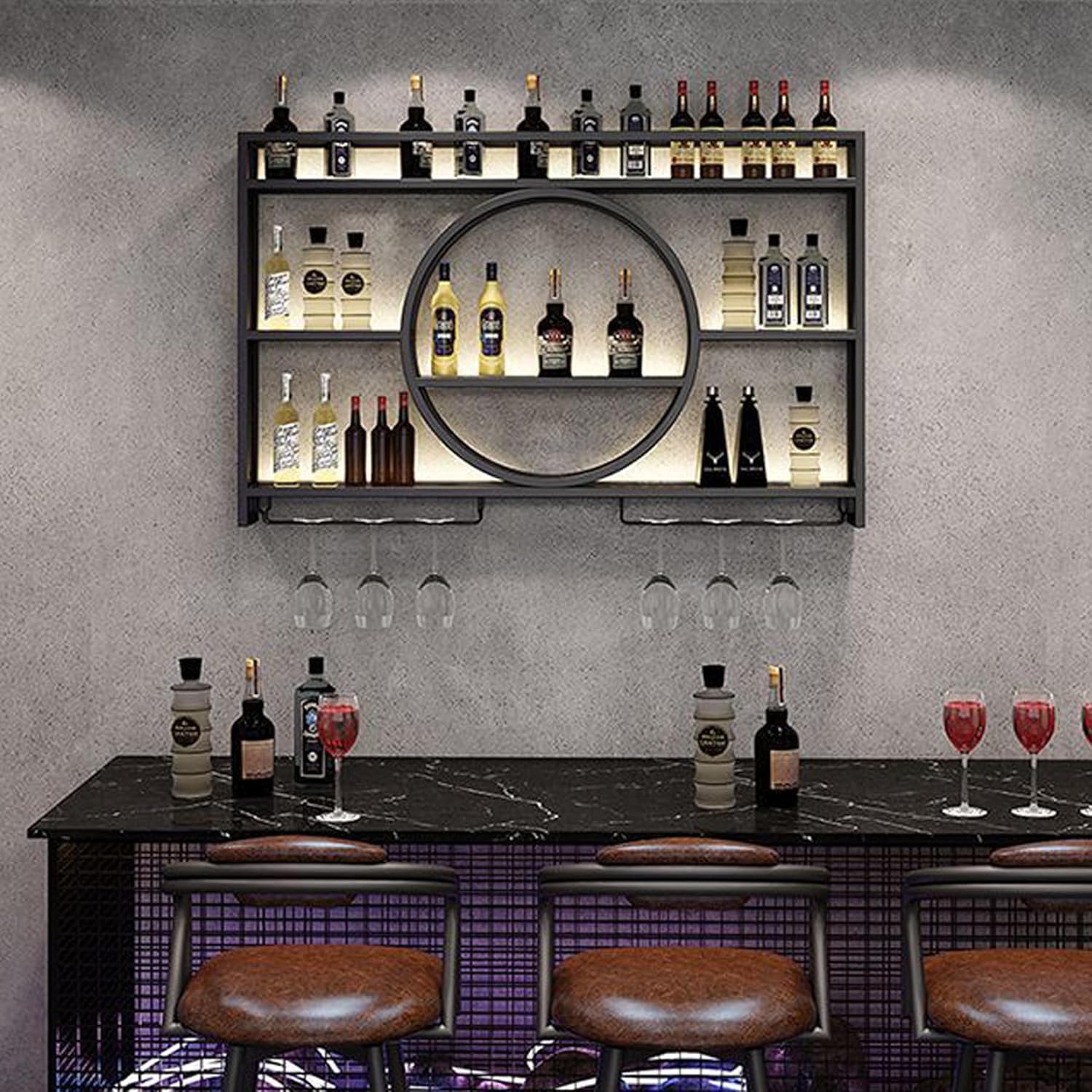 Metal Wine Rack Wall Mounted with LED Light, 3-Tier Bar Liquor Shelf with Wine Glass Holder, Modern Large Capacity Liquor Bottle Display Storage Shelf for Home Bar, Dining Room (Black, 100*80*15)