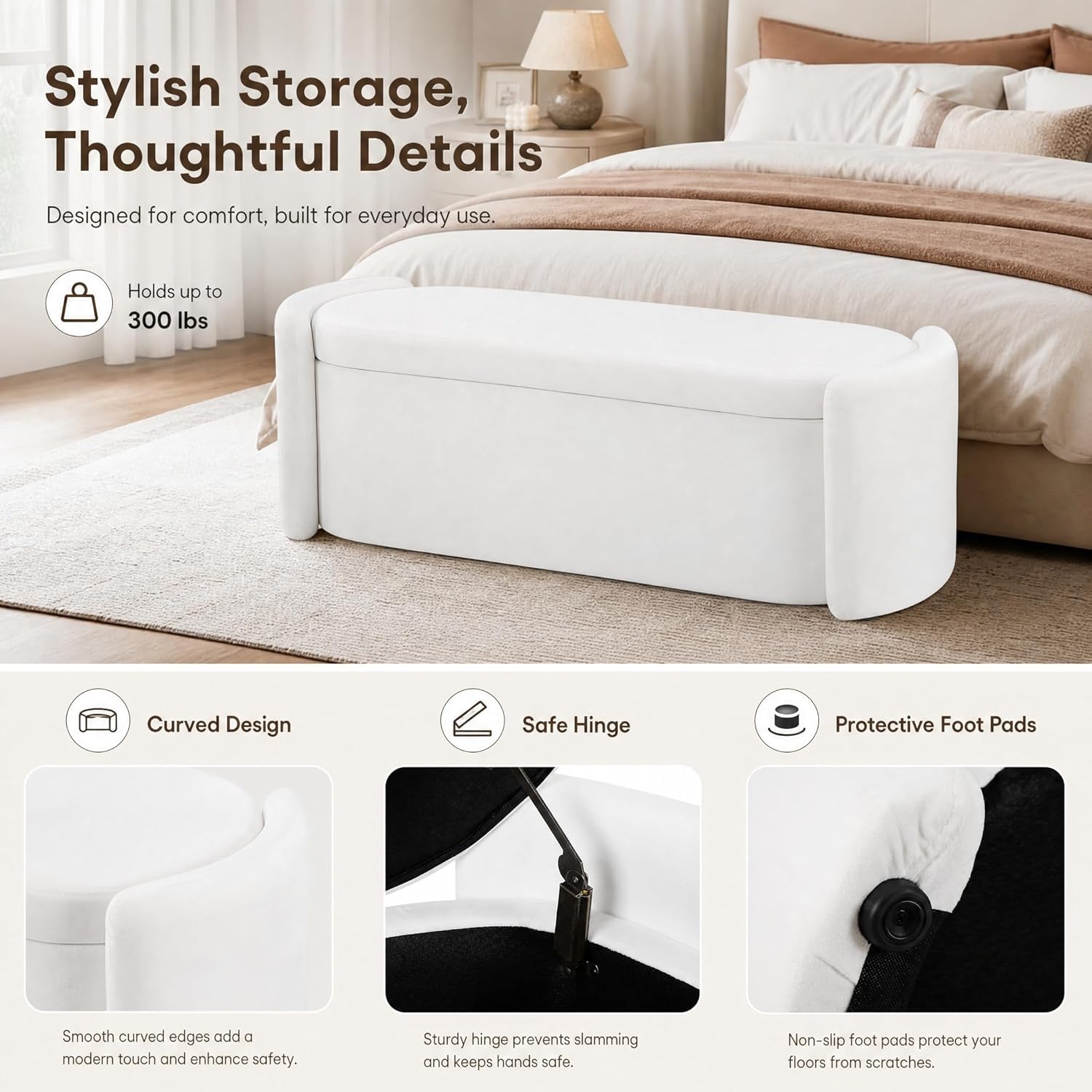 48.8" Modern Velvet Storage Ottoman Bench, Upholstered Fabric Storage Bench for Bedroom End of Bed, Large Oval Storage Ottoman for Living Room Entryway Hallway, White