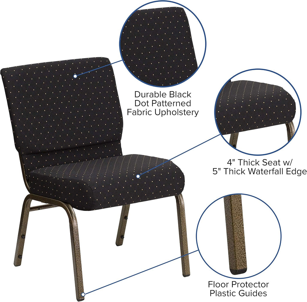 EMMA + OLIVER 21" W Stack Church Chair, Black Dot Patterned Fabric/Gold Vein