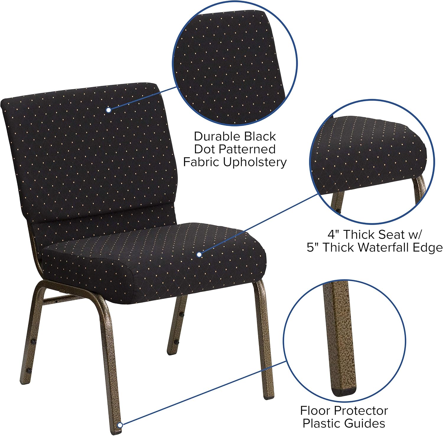 EMMA + OLIVER 21" W Stack Church Chair, Black Dot Patterned Fabric/Gold Vein
