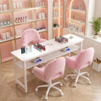 Homkdom Vanity Chair with Round Hollow Back, Pink Desk Chair with Arms & Wheels, Cute Office Chair for Make-up Room, Bedroom, Home Office, Salon, Height Adjustable, Faux Rabbit Fur