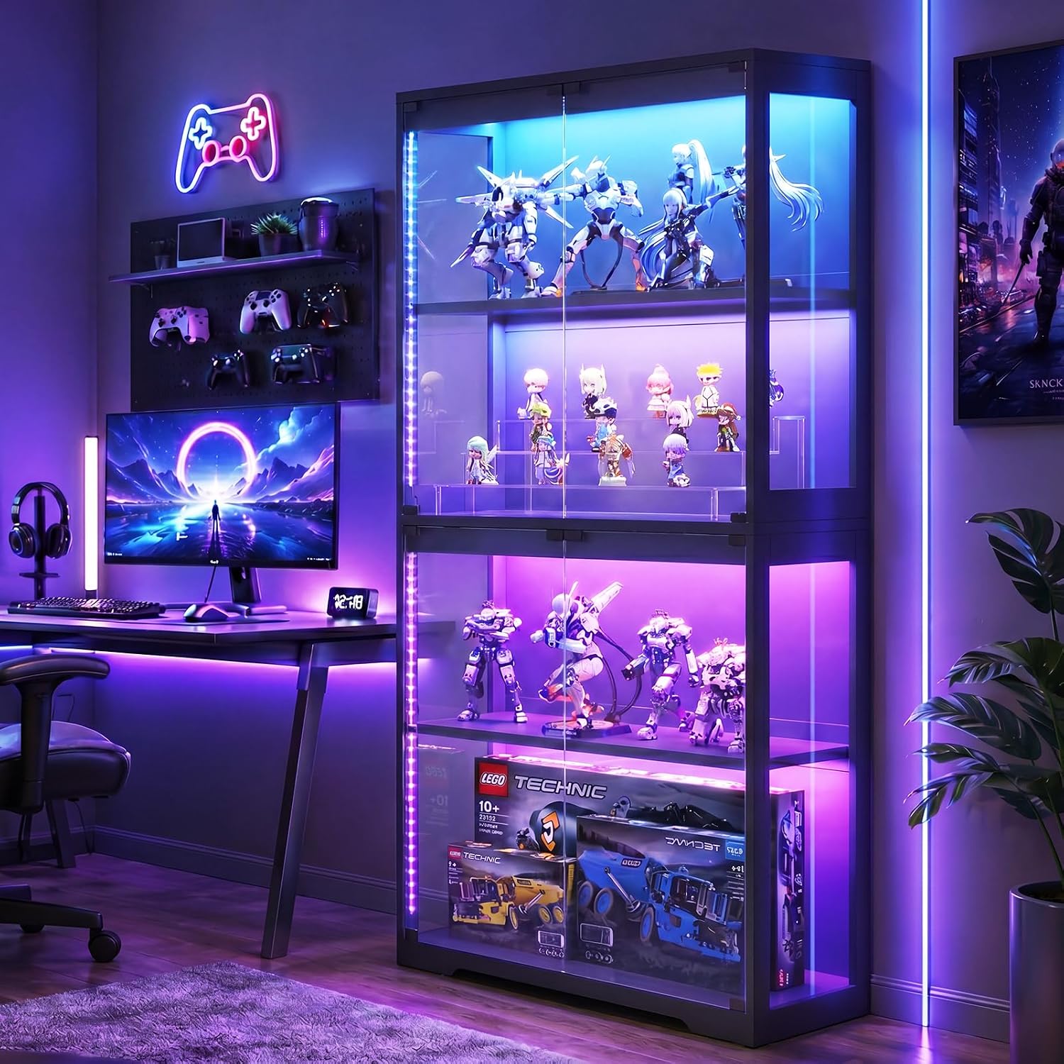 AODK Glass Display Cabinet with Glass Doors, RGB Light Display Case, 4-Tier Storage Cabinet Display Shelf for Showcase, Black Curio Cabinet for Collectibles