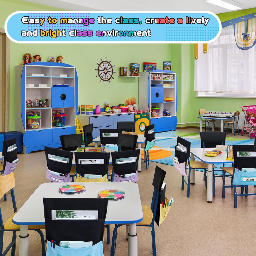 Maitys 24 Pcs Chair Storage Pocket 16 x 19 Inch Large Chair Pocket Classroom Seat Organizer 8 Color Seat Storage with Name Tag Slot for School Classroom Student Kindergarten (Macaron Color)