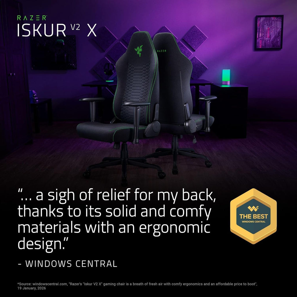 Razer Iskur V2 X Ergonomic Gaming Chair — Built-in Lumbar Support, Widened Seat Base, High-Density Foam Cushions, Adjustable 152° Recline, 2D Armrests, Plush Fabric Finish, PC Gaming — L33T Edition