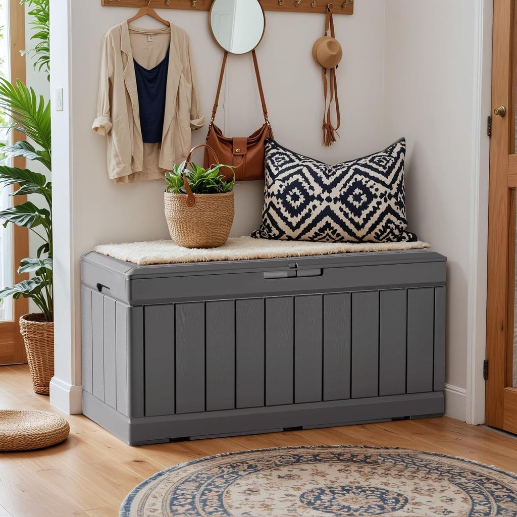 YESHOMY Storage Chest, Entryway Resin Shoe Bench, Toy Box with Hydraulic Bracket Flip Lid, Side Holder, Supports 450 lbs for Bedroom, Living Room, Lockable, Gray