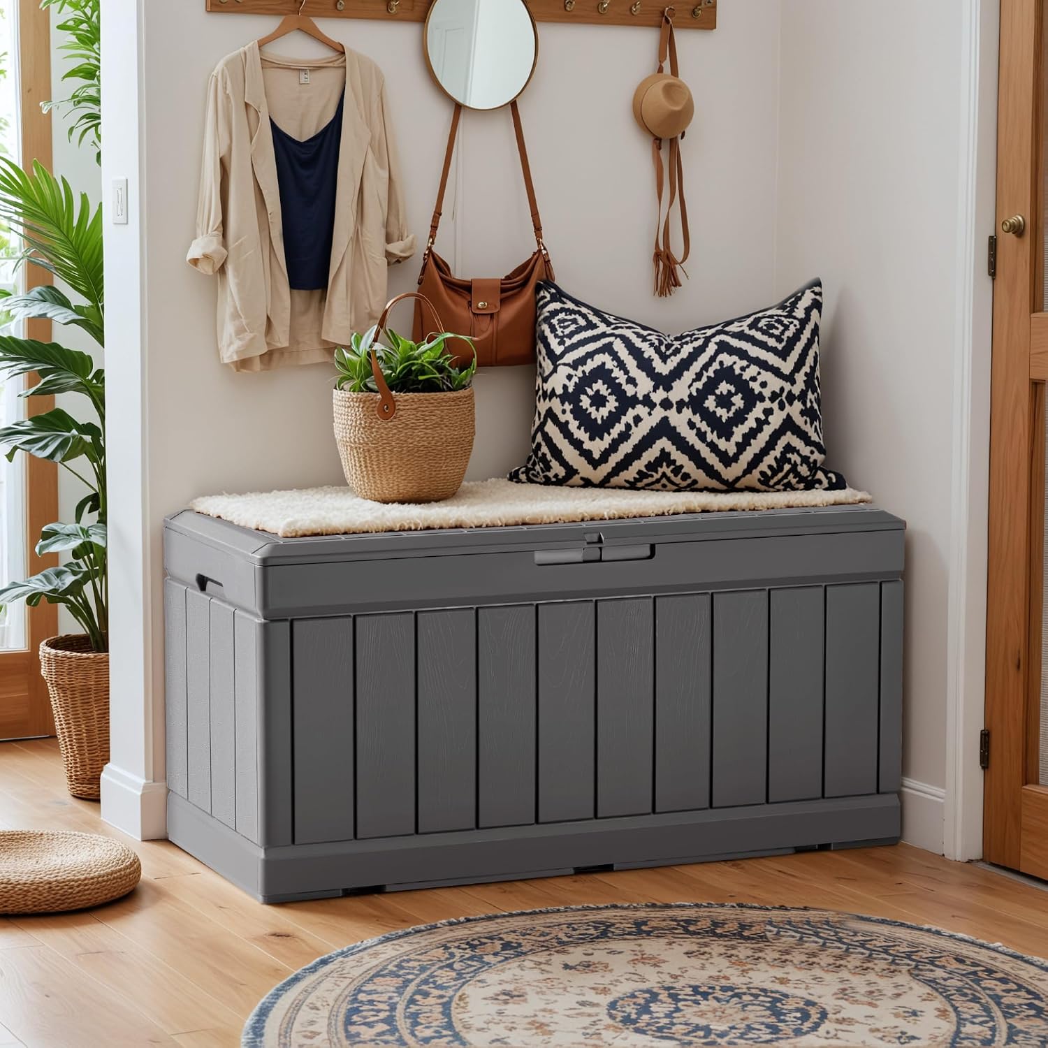 YESHOMY Storage Chest, Entryway Resin Shoe Bench, Toy Box with Hydraulic Bracket Flip Lid, Side Holder, Supports 450 lbs for Bedroom, Living Room, Lockable, Gray