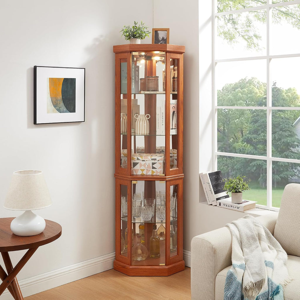 Tall Corner Cabinet with Glass Doors, Lighted Glass Display Curio Cabinet with Adjustable Shelves, Home Office Floor Standing Display Cabinets for Bar, Liquor Storage and Medal, Dark Oak