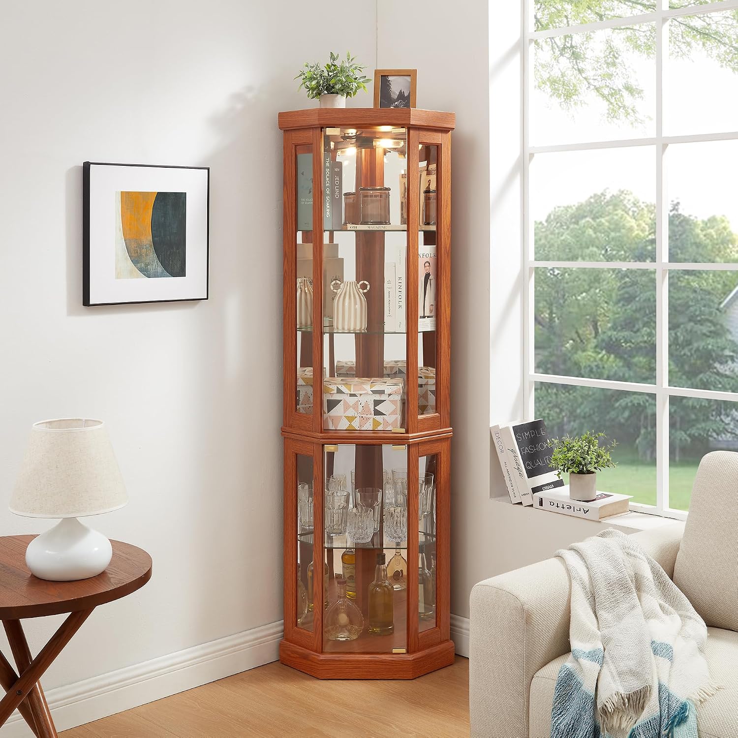 Tall Corner Cabinet with Glass Doors, Lighted Glass Display Curio Cabinet with Adjustable Shelves, Home Office Floor Standing Display Cabinets for Bar, Liquor Storage and Medal, Dark Oak