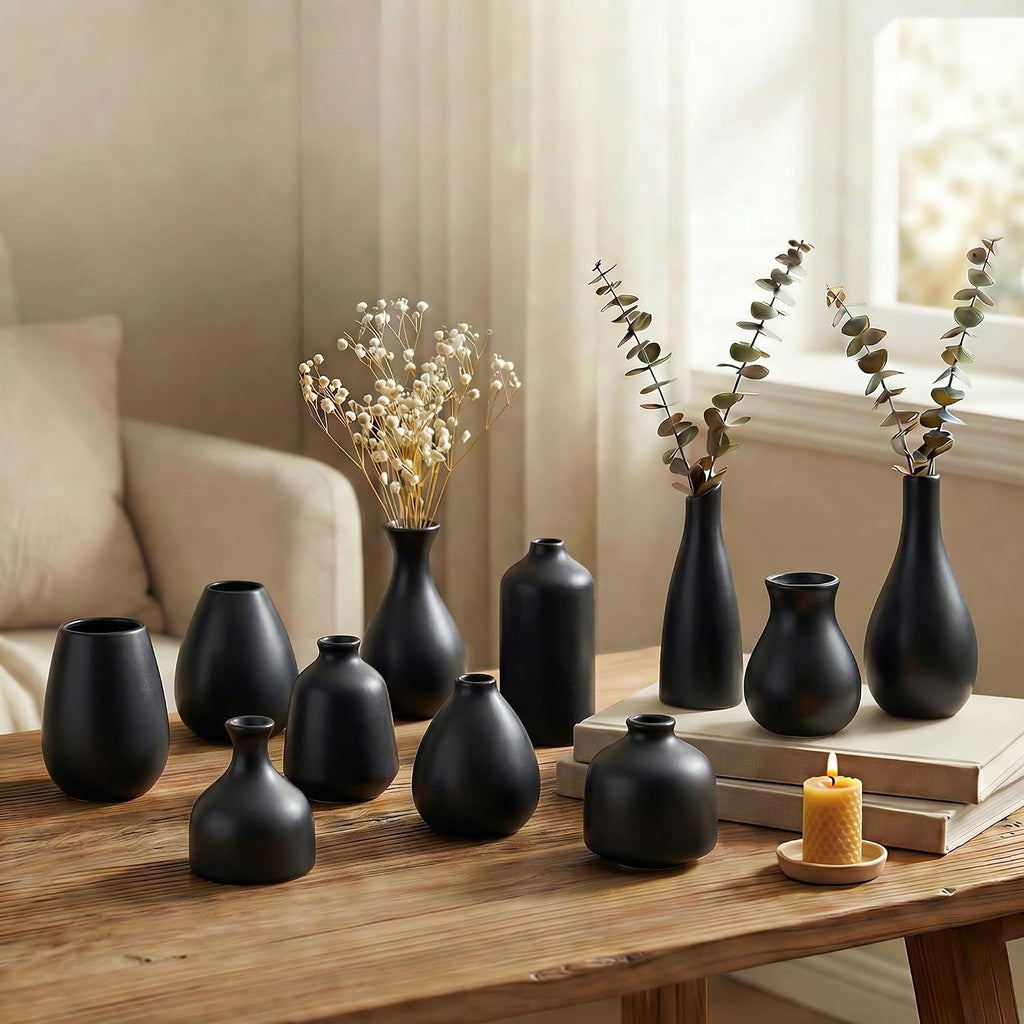 Black Bud Vases, Small Ceramic Vase Set of 11, Mini Pottery Vases for Flowers, Minimalist Boho Small Pampas Grass Flower Vase for Farmhouse Home Decor, Wedding Centerpiece, Shelf and Table Decoration