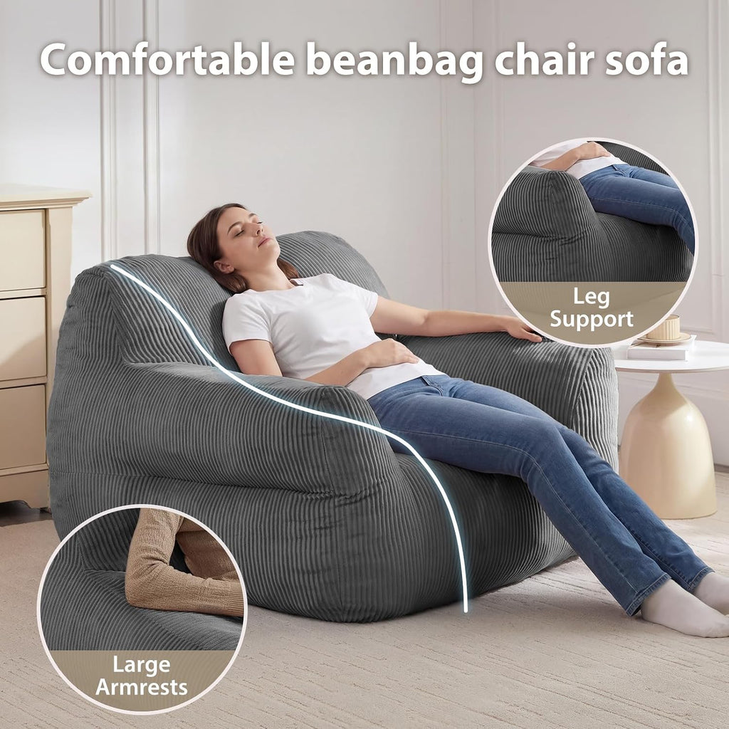 HUGHEAVEN Big Bean Bag Chair for Adults, Giant Oversized Bean Bag Couch, Comfy Reading Chair with Armrests, Soft Cozy Chair for Bedroom, Lounge Sofa for Gaming, Napping & Relaxing, Grey