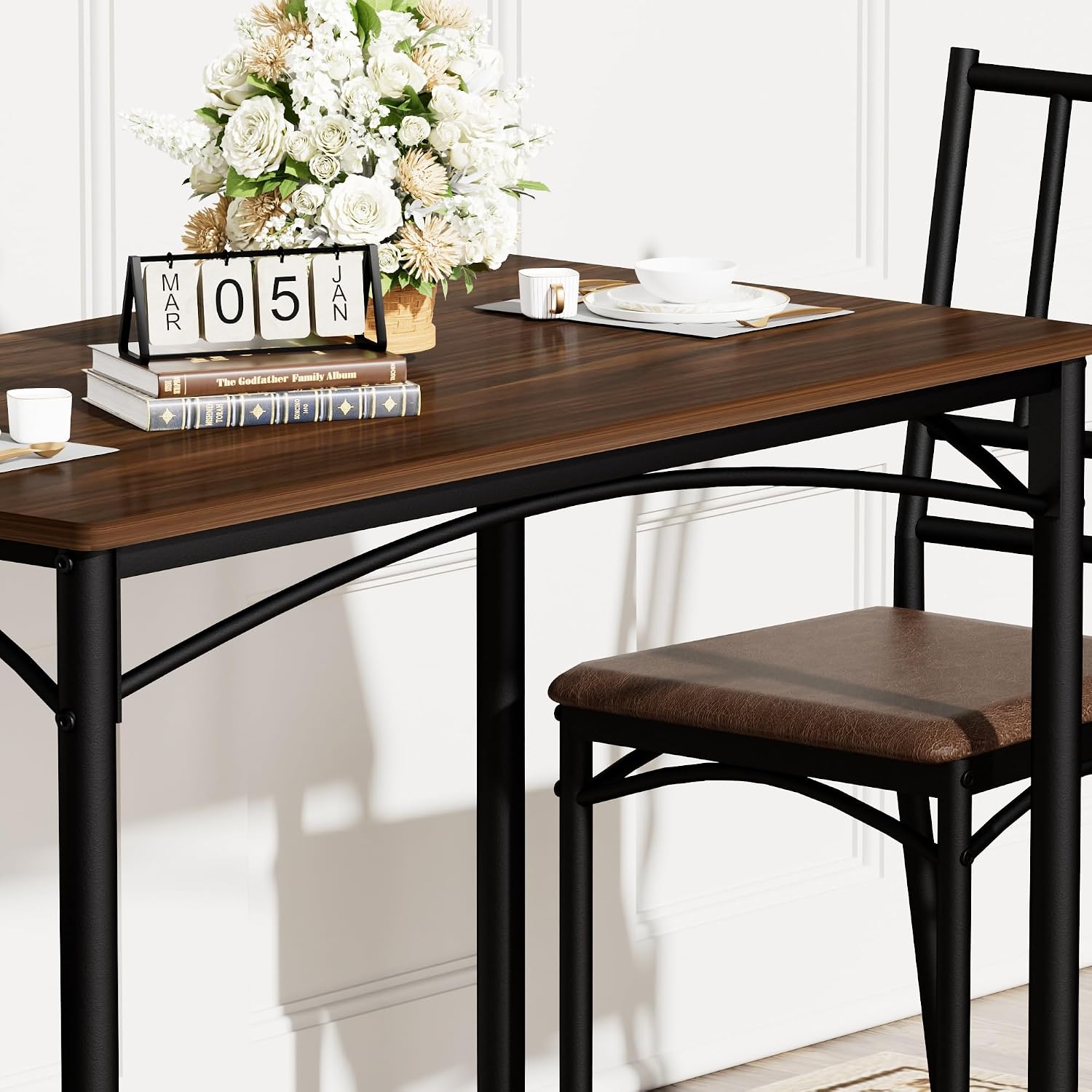 Dining Table Set for 4, Industrial Kitchen Table Set with 4 Upholstered Chairs, Metal Table and Chairs Set for Kitchen, Dining Room, Living Room, Walnut