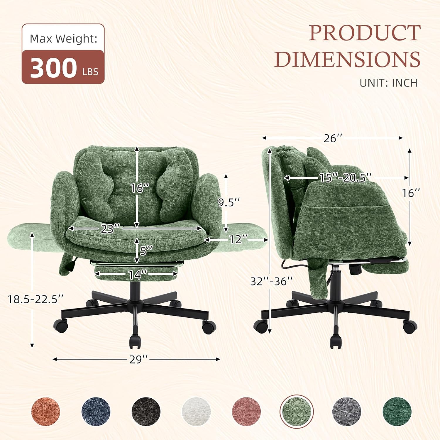 Criss Cross Office Chair with Foot Rest, 5 Gears Adjustable Armrests, Cross Legged Desk Chair with Flip Lumbar Pillow, Built-in Airbag, Wide Seat Chairs for Home Office Makeup Meditation, Light Green
