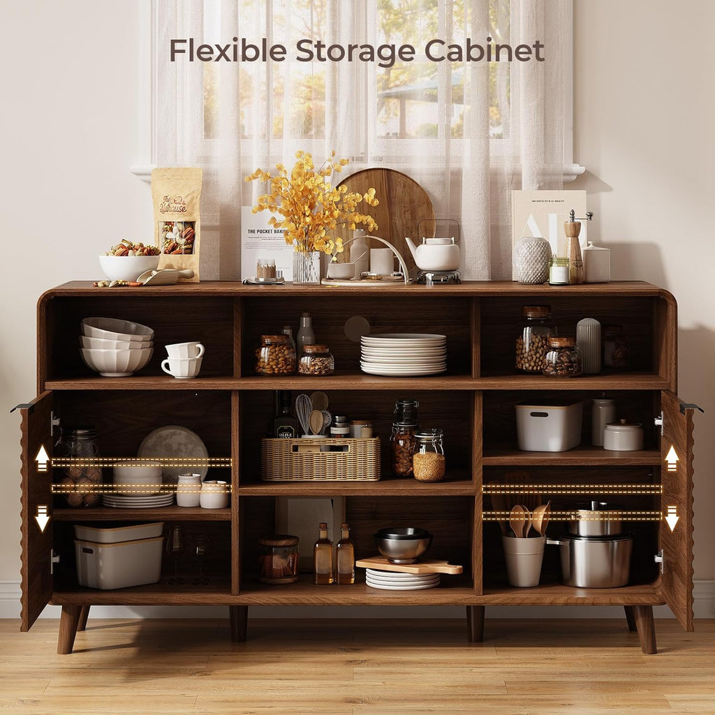 58 Inch Buffet Cabinet with Storage, Curved Buffet Sideboard w/2 Wave Doors, Open Storage Shelf, Adjustable Shelves, Wooden Coffee Bar Cabinet for Kitchen, Living Room, Walnut