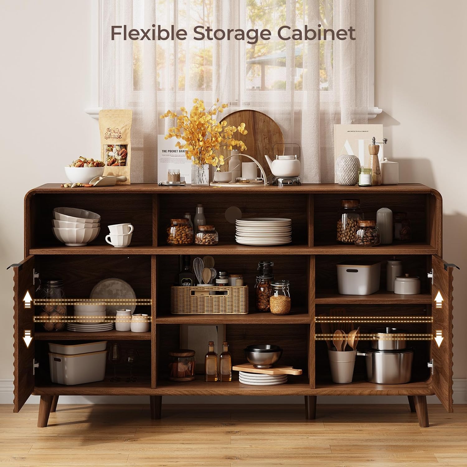 58 Inch Buffet Cabinet with Storage, Curved Buffet Sideboard w/2 Wave Doors, Open Storage Shelf, Adjustable Shelves, Wooden Coffee Bar Cabinet for Kitchen, Living Room, Walnut