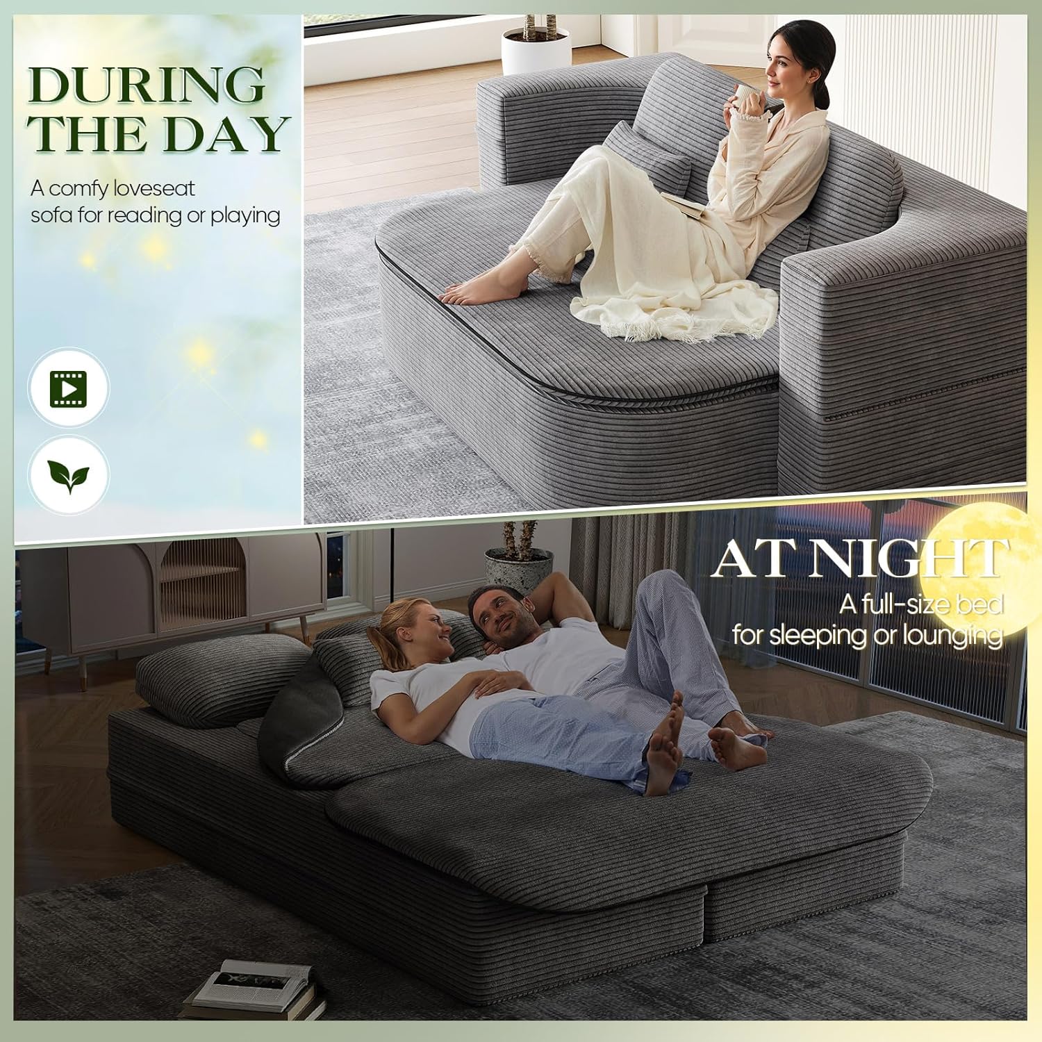 Antetek Convertible Sleeper Sofa, Modern Folding Futon Corduroy Floor Foam Compression Loveseat Sofa Bed Couch, Foldable Full Size Guest Bed with 4 Pillows for Living Room Bedroom Apartment, Grey