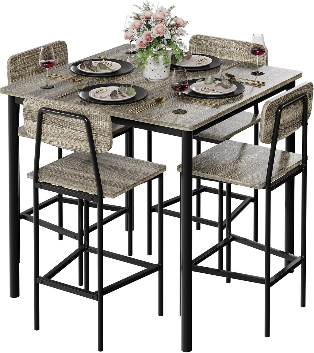 Kitchen Table and Chairs of 4, 5 Piece Dining Table Set | Sturdy Industrial Space Saving Dinette Set for Pub, Family Dinners, Apartment, Gray