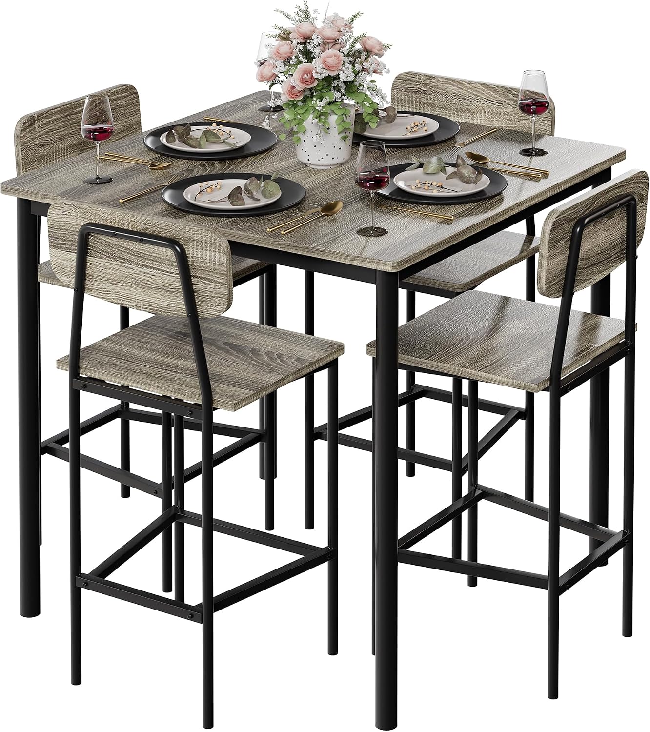 Kitchen Table and Chairs of 4, 5 Piece Dining Table Set | Sturdy Industrial Space Saving Dinette Set for Pub, Family Dinners, Apartment, Gray
