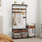 Tangkula Hall Tree with Bench and Shoe Storage, Industrial Coat Rack with Shoe Storage, 12 Hooks & Drawer, Multifunctional Shoe Rack with Cushioned Seat & Hanging Rod for Entryway, Bedroom, Hallway