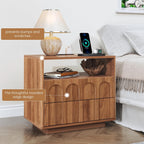 FurSch Mid Century Modern End Table with Charging Station Set of 2, 23.62” Wide Wood End Table & Nightstand with Arch Design Panel and Curved Edge for Living Room, Bedroom (Walnut-2 pcs)