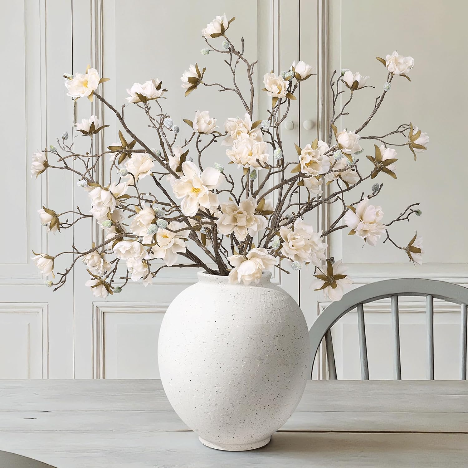 Starttag Large White Ceramic Vase, 9.8 inch Rustic Farmhouse Flowers Vase for Home Decor, Sandstone Texture Round Pottery Tall Vase Indoor for Table Living Room Decor