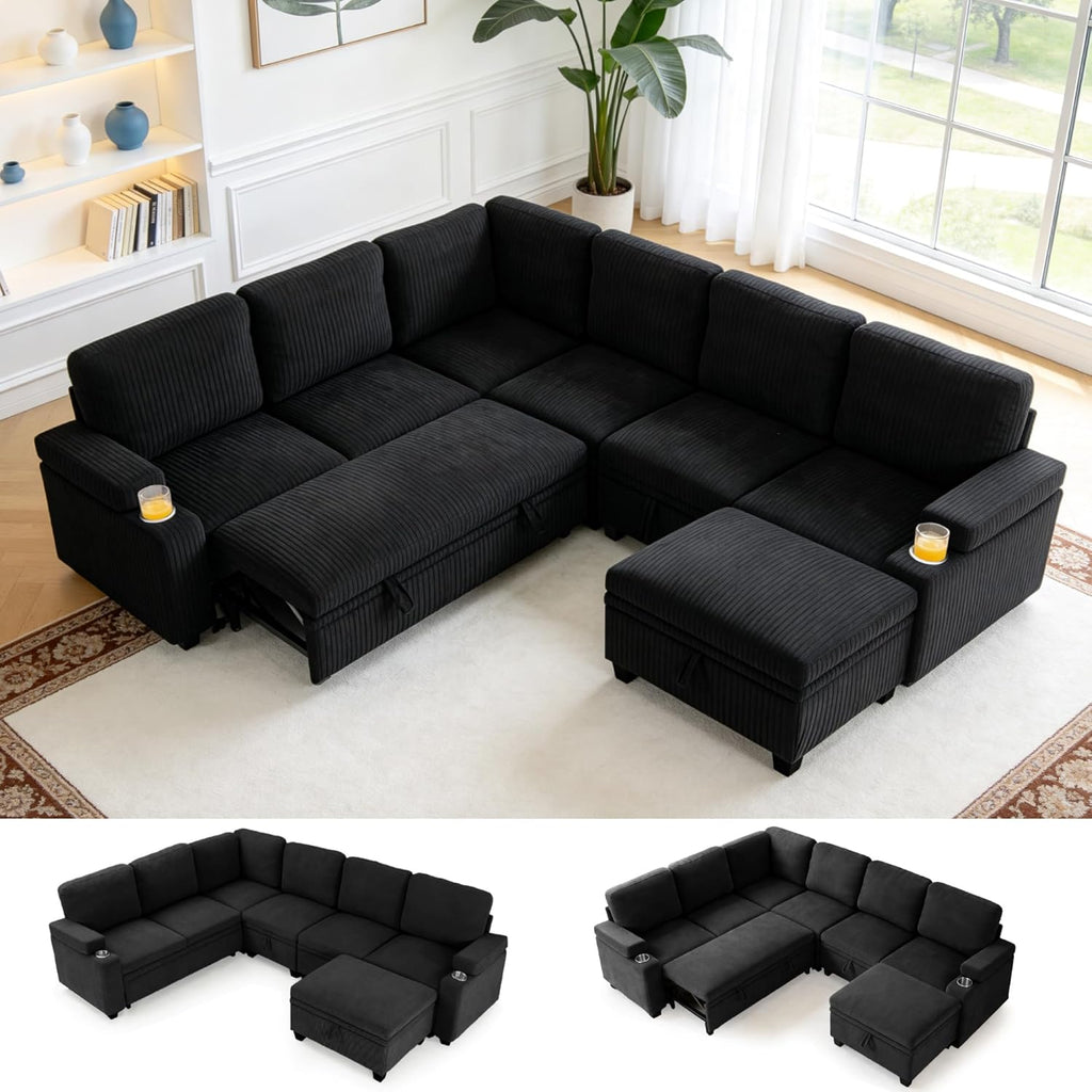 Modular Sectional Sofa Bed with Cup Holders, L-Shaped Pull Out Couch with Storage, Modern Corduroy Sleeper Sofa for Living Room(Black, 7 Seat)