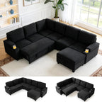 Modular Sectional Sofa Bed with Cup Holders, L-Shaped Pull Out Couch with Storage, Modern Corduroy Sleeper Sofa for Living Room(Black, 7 Seat)