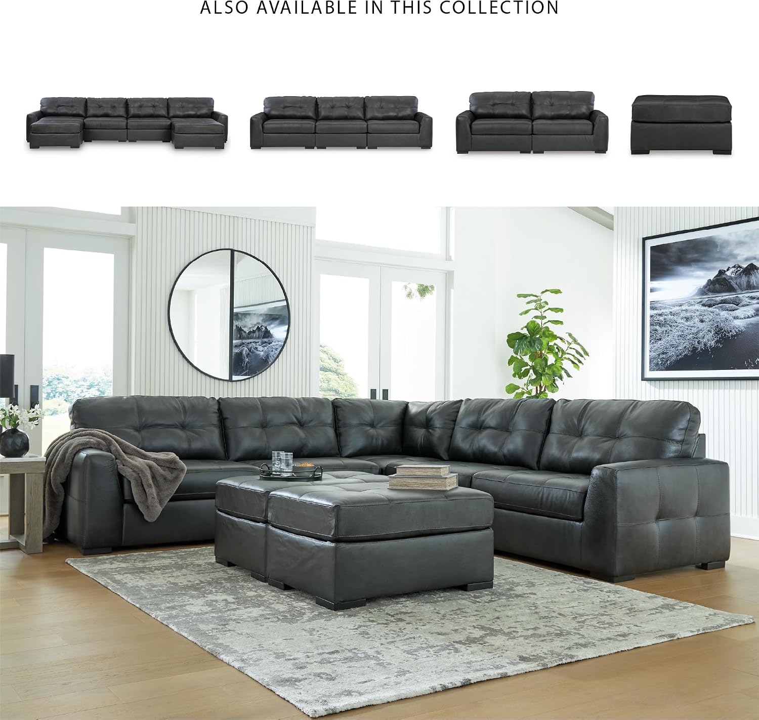 Signature Design by Ashley Brindley Pier Oversized Accent Ottoman, Fully Assembled Rectangular Tufted Footrest, Black Leather and Faux Leather Upholstery, Contemporary Living Room Seating, Fog
