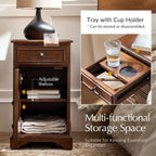 25" Tall Traditional End Table with Rolling Casters & Charging Station, Wooden Side Table with Cup Holder Tray, Openable Magazine Rack & Adjustable Shelves, Walnut
