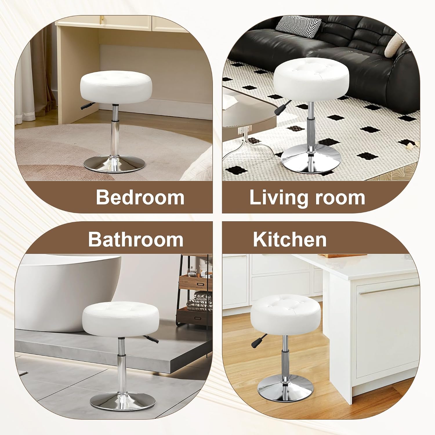 Ottoman Swivel Vanity Stool Chair for Makeup Room Stool for Vanity Chair Height Adjustable Faux Leather White