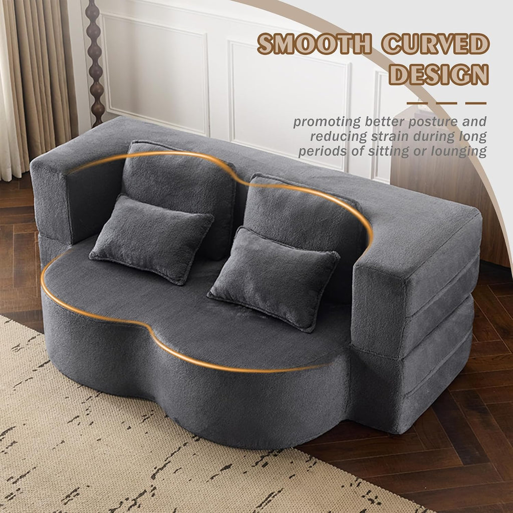 78" Plush Fabric Folding Floor Sofa Couch Bed,Convertible Folding Sofa Bed, Full Size Love Seat Sleeper Bed with 4 Pillows for Living Room Apartment Office (Plush Fabric+Gray)