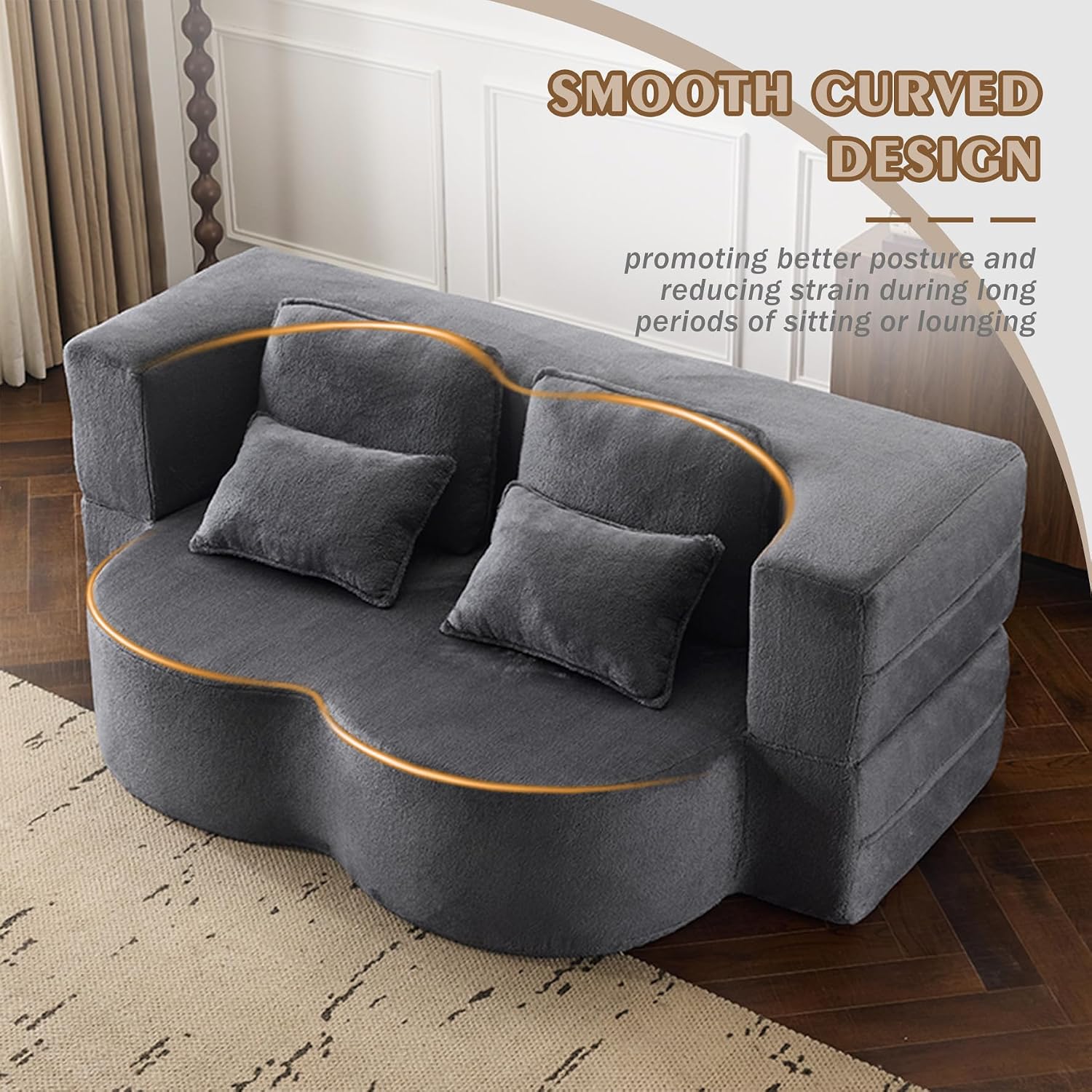 78" Plush Fabric Folding Floor Sofa Couch Bed,Convertible Folding Sofa Bed, Full Size Love Seat Sleeper Bed with 4 Pillows for Living Room Apartment Office (Plush Fabric+Gray)