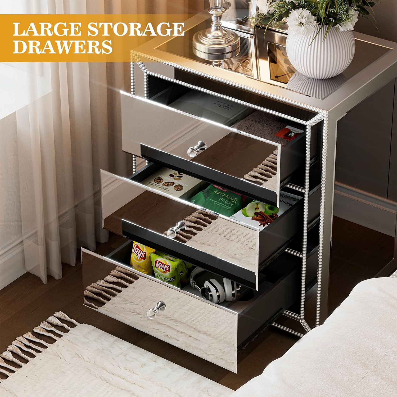 IKIFLY Mirrored Nightstand with 3 Drawers, Silver End Table with Crystal Handles, Modern Bedside Table for Living Room, Bedroom