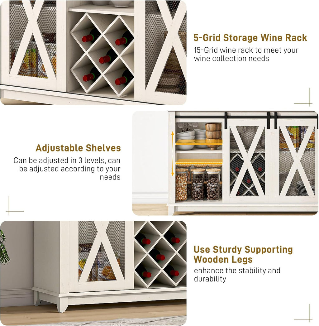 47"Wide 56"H Farmhouse Coffee Bar Cabinet with Power Outlet and LED Light,Wine Bar Cabinet w/3 Storage Hutch,Kitchen Buffet Cabinet with 10 Wine and Glass Racks for Kitchen Dining Room(Antique White)