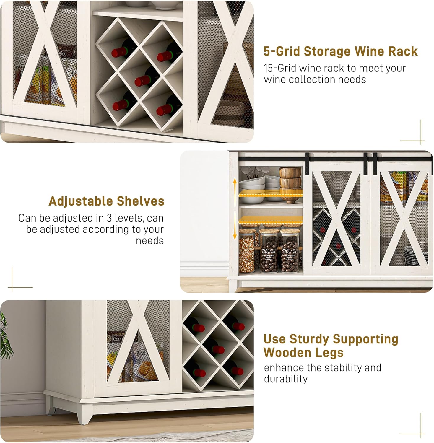 47"Wide 56"H Farmhouse Coffee Bar Cabinet with Power Outlet and LED Light,Wine Bar Cabinet w/3 Storage Hutch,Kitchen Buffet Cabinet with 10 Wine and Glass Racks for Kitchen Dining Room(Antique White)