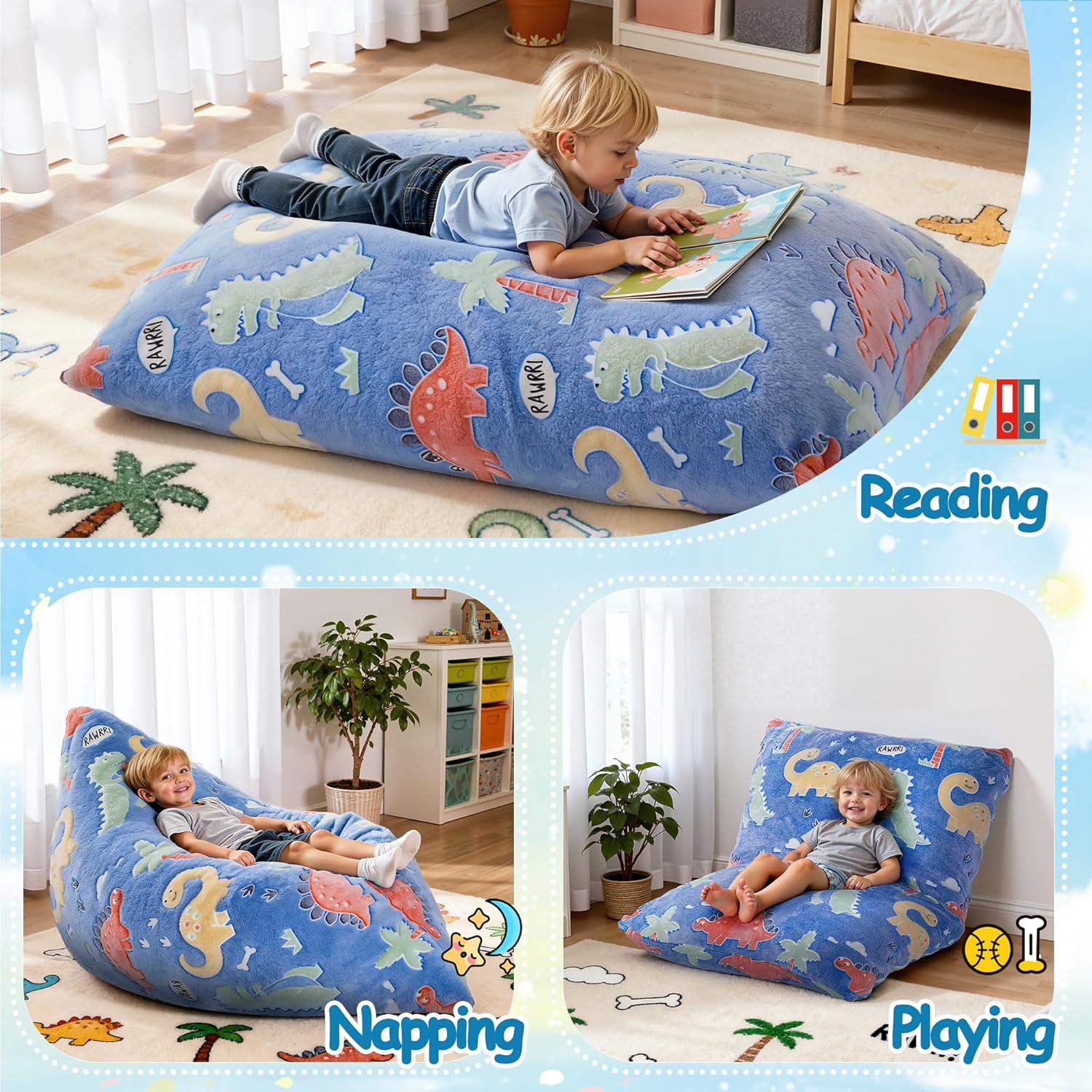 BRINJOY Kids Bean Bag Chair Bed, 3 in 1 Memory Foam Filled Bean Bag Sofa with Removable Cover for Playroom Daycare Bedroom, Toddlers Lazy Floor Mattress Lounger for Boys Girls, Glowing Dinosaur