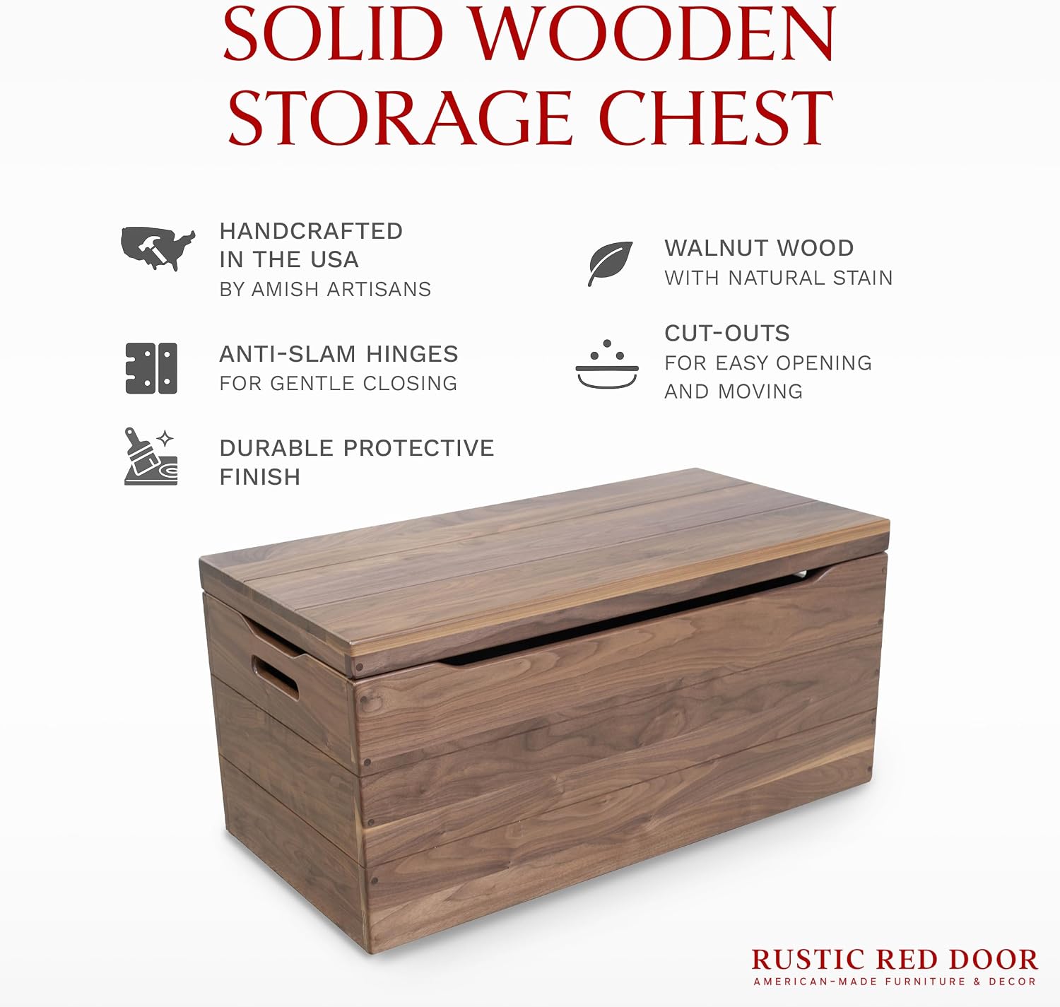 Amish Made Wooden Storage Chest Trunk Box with Lid and Handles for Bedroom, Blanket, Clothes, Anti-Slam Hinges, Handmade, Rustic, Walnut Wood, Natural Stain, 36"