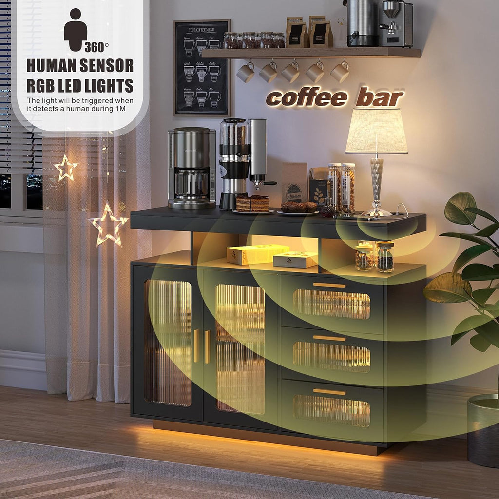 Dystler Coffee Bar Cabinet with Storage, Modern Buffet Cabinet with 3 Drawers and 2 Doors, Sideboard Buffet with Charging Station and Lights, Black