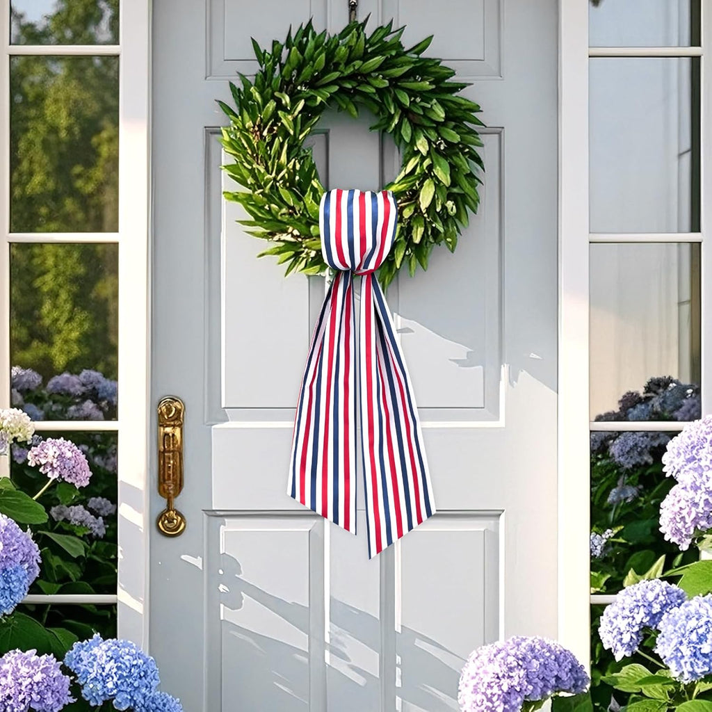 Wreath Sash for Front Door Boxwood Wreath Sash Accessories for Indoor Outdoor Decor, 5.1'' x 59''(Red White and Blue Stripe)