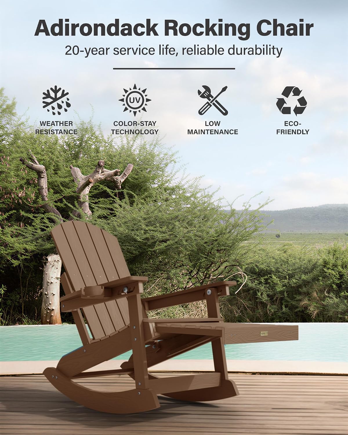 YEFU Adirondack Chairs with Retractable Ottoman: Oversize Adirondack Rocking Chairs - 5-Level Adjustable High Back - Outdoor Rocker with Cup Holder for Porch/Gardens/Lawn/Patio/Backyard/Teak
