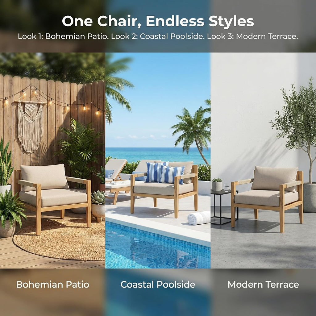 Acacia Wood Outdoor Lounge Chair, Wooden Patio Accent Chairs with Beige Rope Weave & Weather-Resistant Cushions, Comfy Reading Armchair for Porch, Deck, Garden