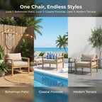 Acacia Wood Outdoor Lounge Chair, Wooden Patio Accent Chairs with Beige Rope Weave & Weather-Resistant Cushions, Comfy Reading Armchair for Porch, Deck, Garden