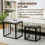 MyGift Nesting End Tables, Rectangular Coffee Tables, Set of 2 Stacking Living Room Side Table with Rustic Burnt Solid Wood Tops and Modern Black Metal Frame