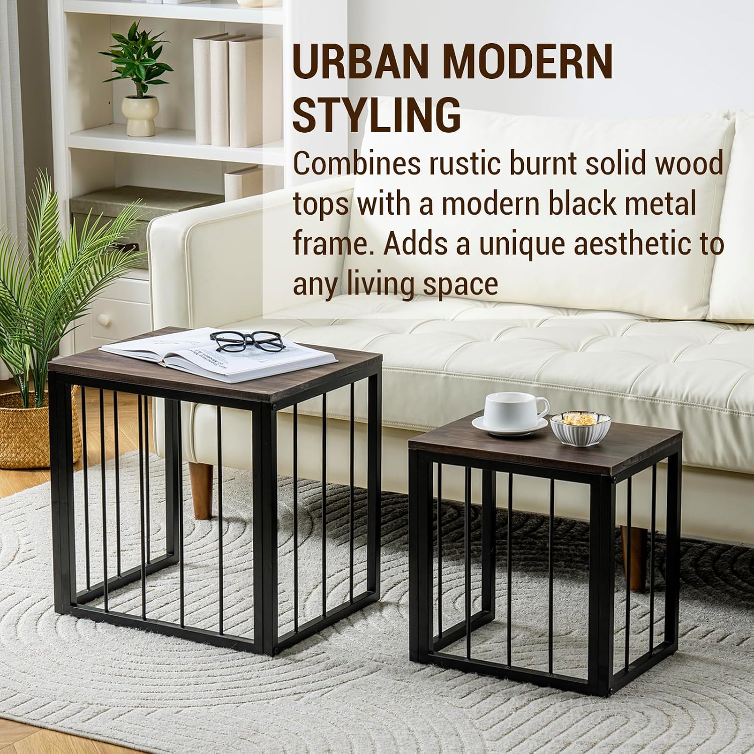 MyGift Nesting End Tables, Rectangular Coffee Tables, Set of 2 Stacking Living Room Side Table with Rustic Burnt Solid Wood Tops and Modern Black Metal Frame