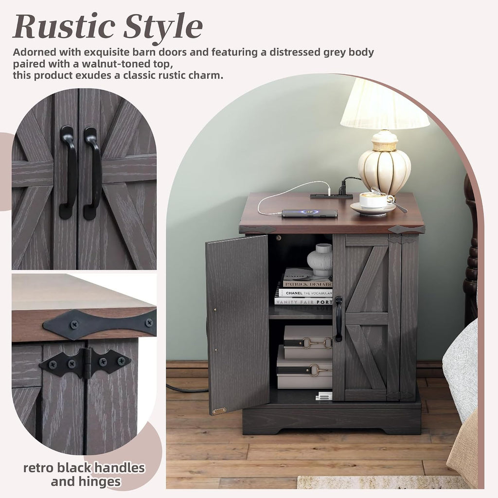 Farmhouse End Table, Rustic Wood Nightstand with Adjustable Shelf, 19.6" W Versatile Walnut Sofa Side Table with Barn Doors & Retro Hinges for Bedroom, Living Room (Grey-6x)