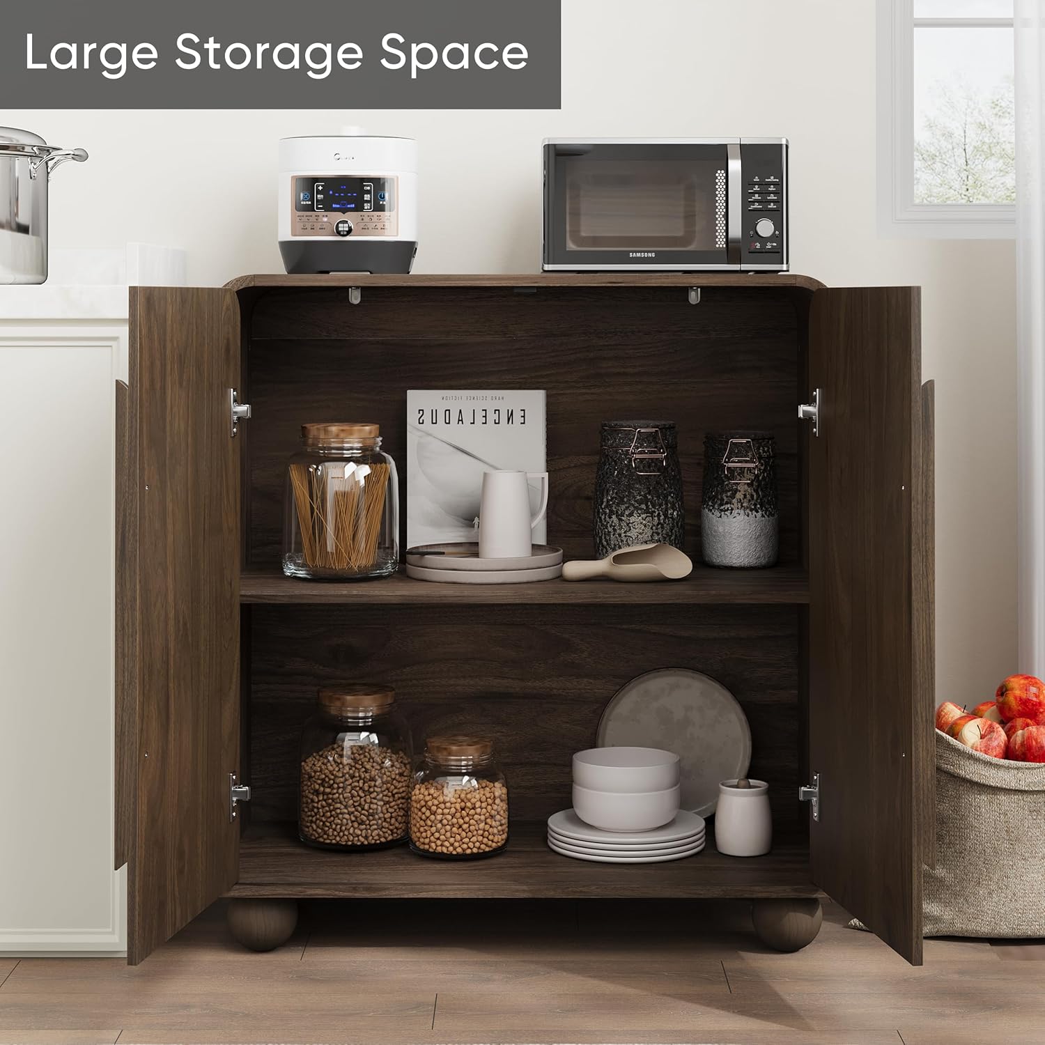 Smuxee Walnut Sideboard Cabinet, Freestanding Buffet Cabinet with Spherical Feet, Wood Storage Cabinet with Adjustable Shelf for Living Room, Entryway, Hallway