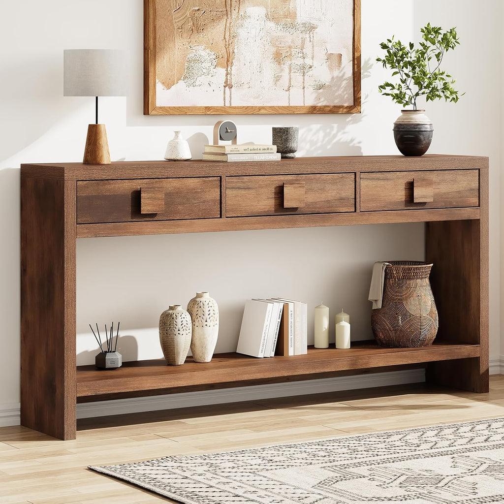 ONBRILL 63 Inch Long Console Table with 3 Drawers, Entryway Table with Open Storage Shelves, Mid Century Modern Hallway Accent Tables Behind Couch Table for Living Room (Vintage Brown)